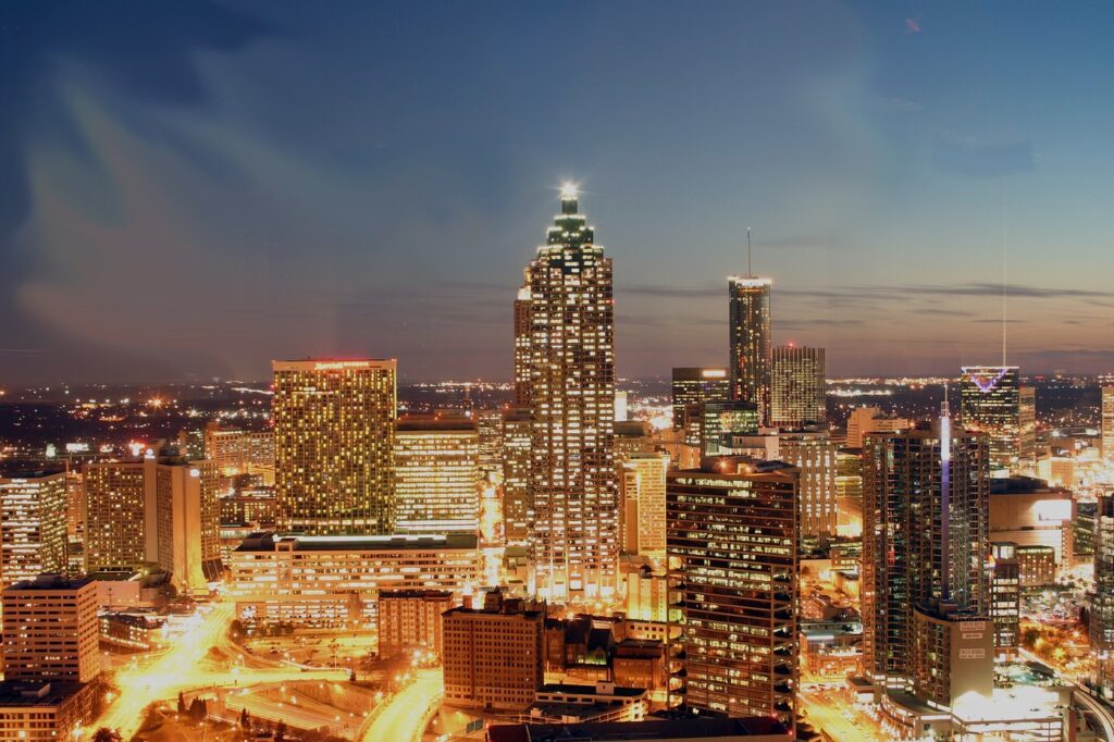 A night-time view of downtown Atlanta, Georgia, one of the top cities for foreign investors in the US. 