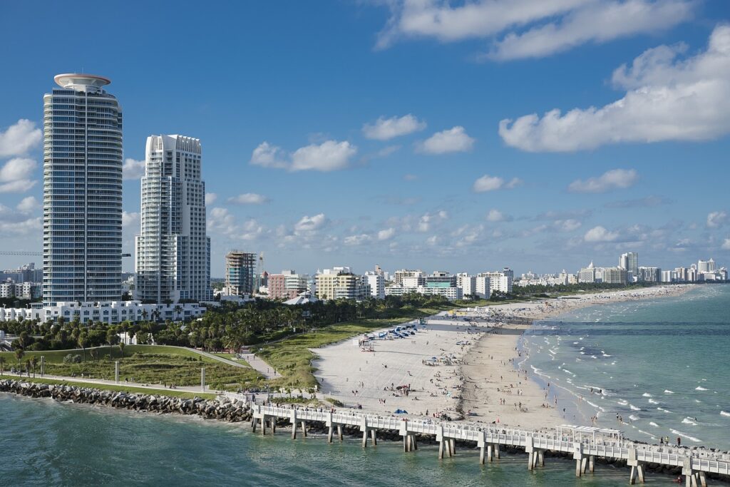 A view of the beach and city skyline in Miami, Florida, one of the top cities for foreign investors in the US. 