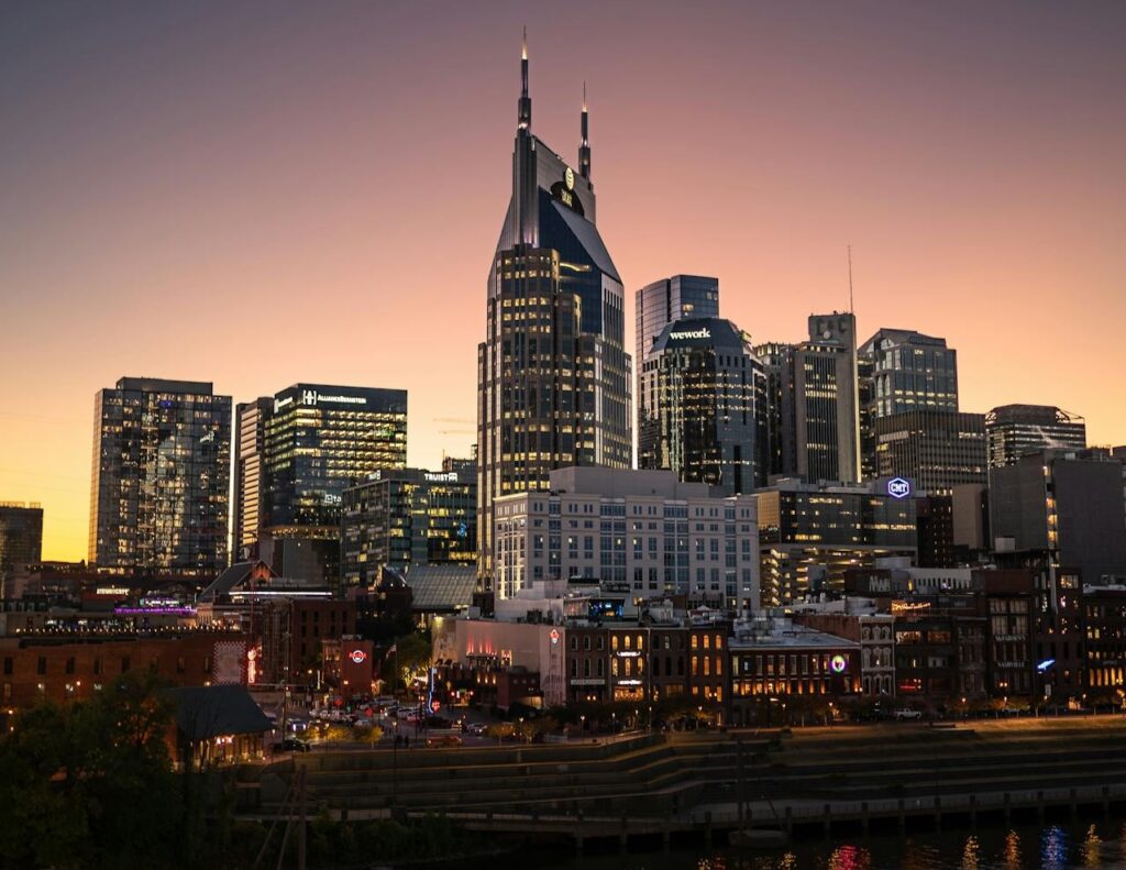 A sunset view of downtown Nashville, Tennessee, one of the top cities for foreign investors in the US. 