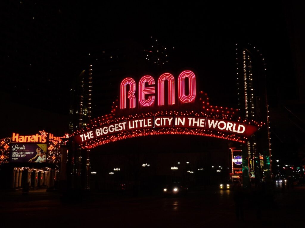 A lit up sign stating "Reno, the biggest little city in the world" in Reno, Nevada, one of the top cities for foreign investors in the US. 