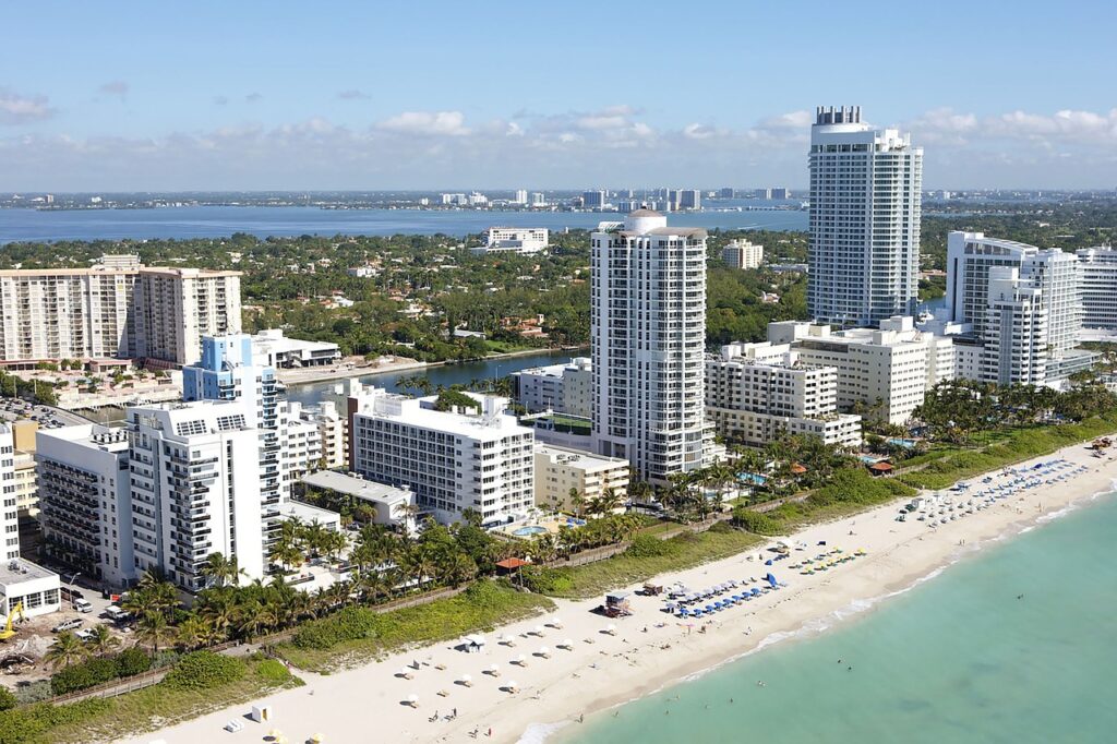 An aerial view of Miami beach, a popular place to get a Florida DSCR loan.