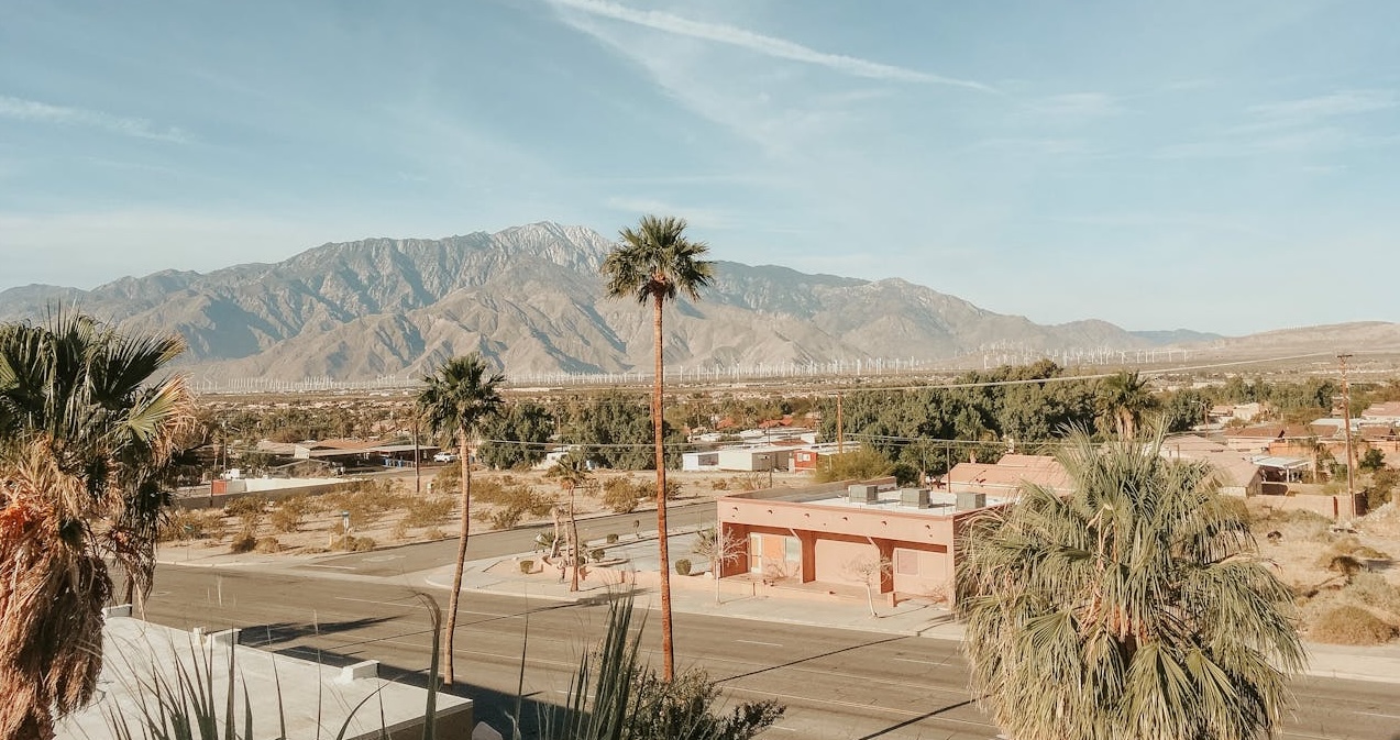 A view of a city with palm trees and mountains, an iconic view for rental property in California.