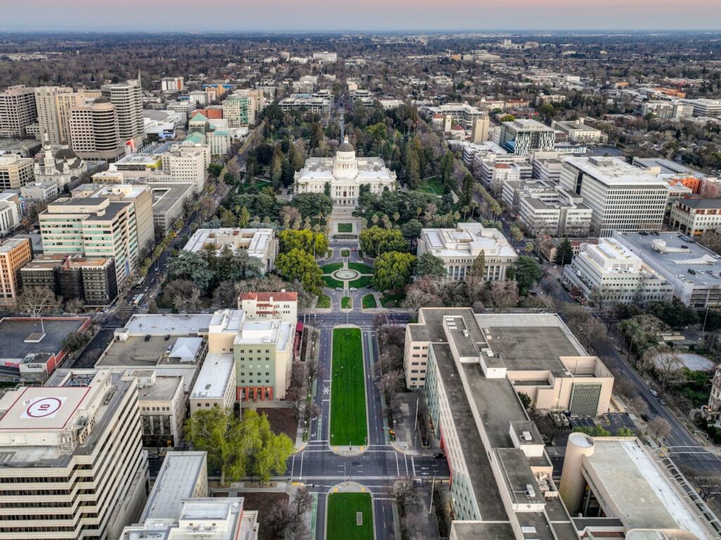 An aerial view of Sacramento, one of the best cities to buy rental property in California. 