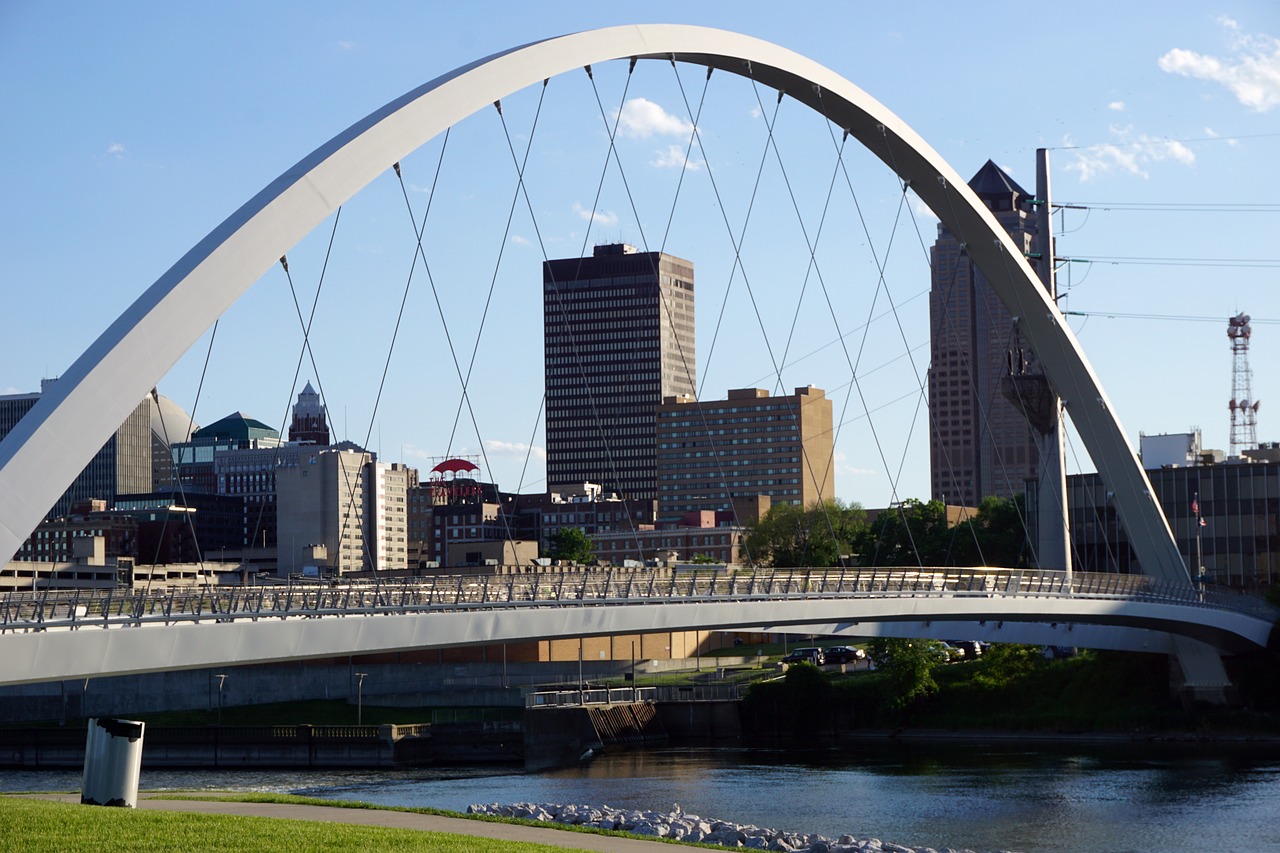 The view of downtown Des Moines across the bridge, an ideal spot to get a DSCR loan Iowa.